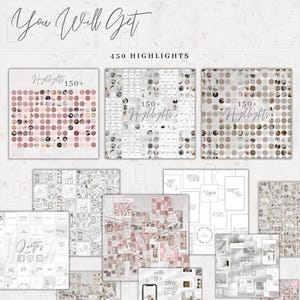 May include: A digital product for social media featuring 450 highlight covers. The covers are organized into categories such as "Quotes", "360 Templates", and "Motivation". The covers are in a variety of colors and styles, including pink, gray, and white.