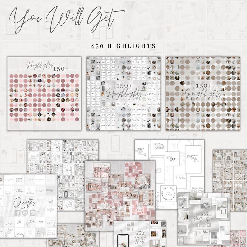 May include: A digital product for social media featuring 450 highlight covers. The covers are organized into categories such as "Quotes", "360 Templates", and "Motivation". The covers are in a variety of colors and styles, including pink, gray, and white.