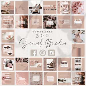 Op de afbeelding: Een collage van 300 social media-sjablonen in een lichtroze en bruine kleurstelling. De sjablonen bevatten verschillende afbeeldingen, waaronder bloemen, schoenen en tekst. De tekst bevat de woorden "Sjablonen", "300", "Social Media", "Het beste moet nog komen", "Citaat", "Tinten van Paler" en "Om het beste verhaal te schrijven, moet je eerst een geweldig leven leiden."