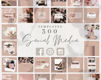 May include: A collage of 300 social media templates in a light pink and brown color scheme. The templates feature various images, including flowers, shoes, and text. The text includes the words "Templates", "300", "Social Media", "The Best is Yet to Come", "Quote", "Shades of Paler", and "In order to write the best story, you must first live a great one."