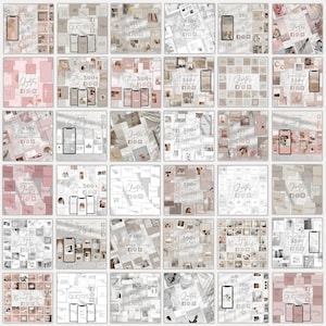 May include: A collage of 36 Instagram post templates featuring a variety of designs with quotes, numbers, and text. The templates are in a light pink and gray color scheme.