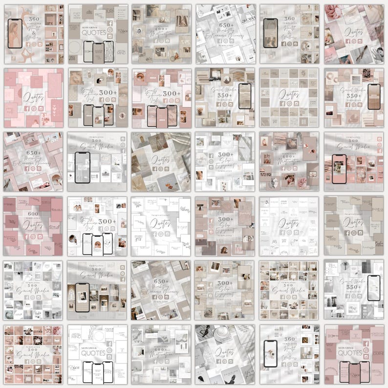 May include: A collage of 36 Instagram post templates featuring a variety of designs with quotes, numbers, and text. The templates are in a light pink and gray color scheme.
