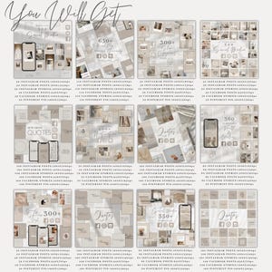 May include: A collage of images showing different social media templates for Instagram, Facebook, Pinterest, and stories. The templates are in a beige and brown color scheme with text that says "Quotes", "Motivation", "Social Media", and "360".