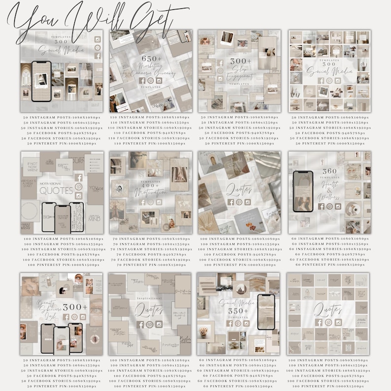 May include: A collage of images showing different social media templates for Instagram, Facebook, Pinterest, and stories. The templates are in a beige and brown color scheme with text that says "Quotes", "Motivation", "Social Media", and "360".