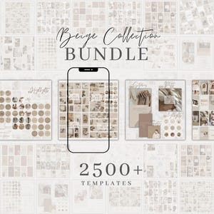 Può includere: Un collage di modelli di social media beige e marroni per Instagram. I modelli includono oltre 2.500 post, storie, evidenziati e puzzle. Il testo "Beige Collection Bundle" è nella parte superiore dell'immagine.