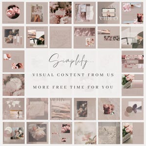 May include: A collage of images with a pink and beige colour scheme. The images feature flowers, text, and abstract designs. The text in the centre of the collage reads "Simplify... Visual Content From Us More Free Time For You".