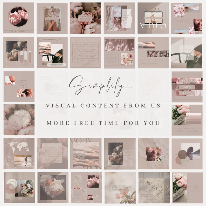 May include: A collage of images with a pink and beige colour scheme. The images feature flowers, text, and abstract designs. The text in the centre of the collage reads "Simplify... Visual Content From Us More Free Time For You".