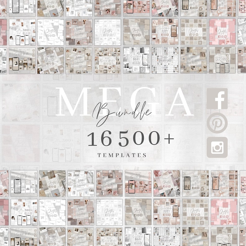 May include: A collage of over 16,500 social media templates in a variety of styles and colors. The templates are designed for use on Facebook, Pinterest, and Instagram. The text "MEGA Bundle" is displayed in large, bold letters at the center of the image.