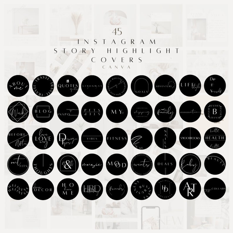45 Black Instagram Highlight Covers| Minimalist Instagram Stories Cover| Aesthetic Highlight Icon| Black Instagram Icons| Story Text Cover 