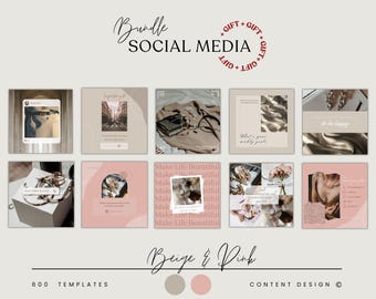Beige Pink Social Media Templates , 600 Luxury Canva Content Kit