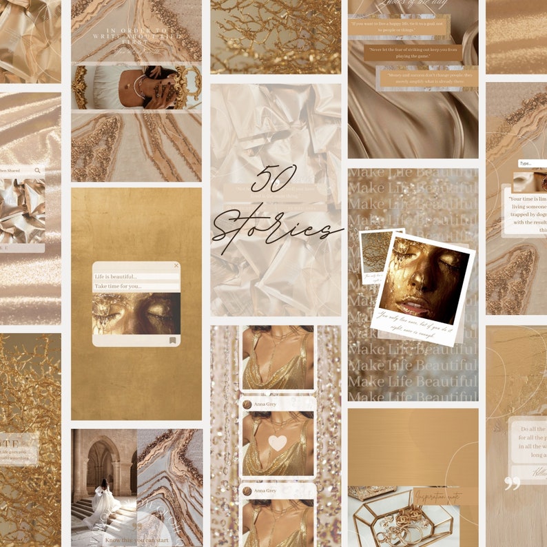 Op de afbeelding: Een digitale collage van social media templates met een goud- en beige kleurenpalet. Het ontwerp bevat abstracte texturen, metallic glitter, satijnstof en tekstoverlays zoals 50 Stories en Make Life Beautiful.
