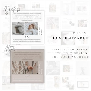 May include: A before and after graphic design template with a beige background. The text "Before" and "After" are written in a handwritten font. The graphic design template includes a square with the text "#2 Quality Sleep" and the question "???" in the center. The text "Do I feel tired when I wake up in the morning even after a long sleep? How many hours do I normally sleep a night?" is below the question mark. The graphic design template is fully customizable and only requires a few steps to edit the design for your account.