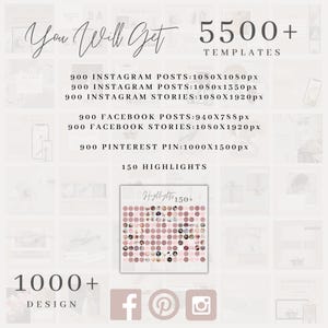 May include: A pink and white graphic with the text "You Will Get 5500+ TEMPLATES" and a list of social media post templates with dimensions and quantities. The graphic also includes the text "1000+ DESIGN" and icons for Facebook, Pinterest, and Instagram.