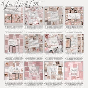 May include: A collage of images showcasing various social media templates for Instagram, Facebook, Pinterest, and stories. The templates are in a pink and white colour scheme and feature quotes, motivational messages, and lifestyle images. The text on the image reads "You Will Get" and lists the number of templates included in each category.