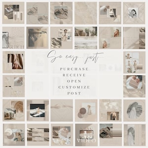 May include: A collage of images in a beige color scheme. The images include a variety of subjects, such as fashion, travel, and lifestyle. The text "So easy... just..." is written in a large font at the top of the collage. Below the text, the words "PURCHASE, RECEIVE, OPEN, CUSTOMIZE, POST" are written in a smaller font.
