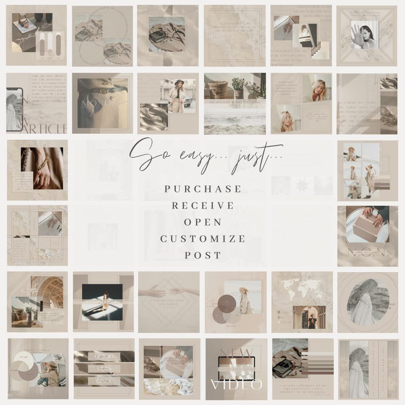 May include: A collage of images in a beige color scheme. The images include a variety of subjects, such as fashion, travel, and lifestyle. The text "So easy... just..." is written in a large font at the top of the collage. Below the text, the words "PURCHASE, RECEIVE, OPEN, CUSTOMIZE, POST" are written in a smaller font.