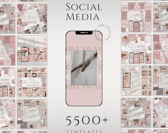 May include: A collage of social media templates in pink and white featuring a variety of designs, including quotes, highlights, and giveaways. The text "SOCIAL MEDIA" and "5500+ TEMPLATES" is displayed on the image.
