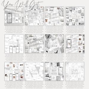 May include: A collage of images showcasing different social media templates for Instagram, Facebook, and Pinterest. The templates feature a minimalist aesthetic with a white and gray color scheme. The text on the templates includes numbers like "300+", "650+", and "360", as well as phrases like "Quotes" and "Social Media".