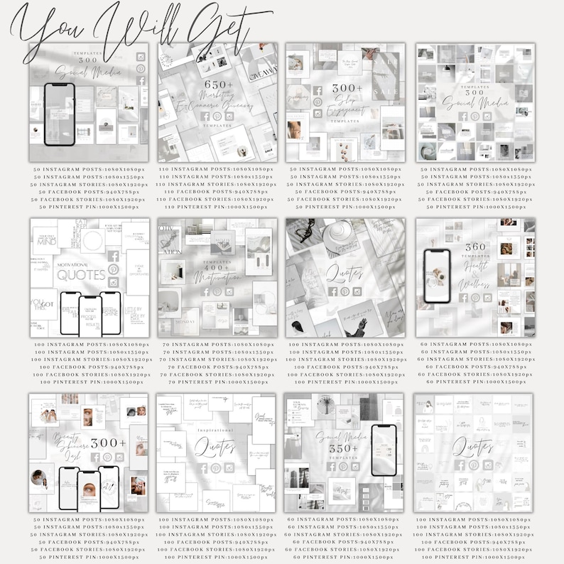 May include: A collage of images showcasing different social media templates for Instagram, Facebook, and Pinterest. The templates feature a minimalist aesthetic with a white and gray color scheme. The text on the templates includes numbers like "300+", "650+", and "360", as well as phrases like "Quotes" and "Social Media".