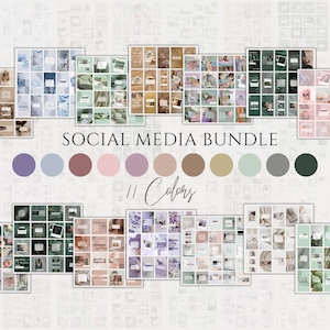 Könnte beinhalten: Ein Social-Media-Bundle mit 9 verschiedenen Farbpaletten. Jede Palette enthält 9 verschiedene Layouts für Instagram-Posts. Die Farben umfassen Lila, Blau, Rosa, Braun, Beige, Grün, Grau und Schwarz.