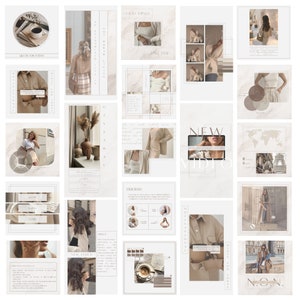 May include: A digital social media template collection featuring a neutral beige and cream color palette with various layouts, including photo frames, text boxes, and graphic elements designed for organized content display and aesthetic branding.