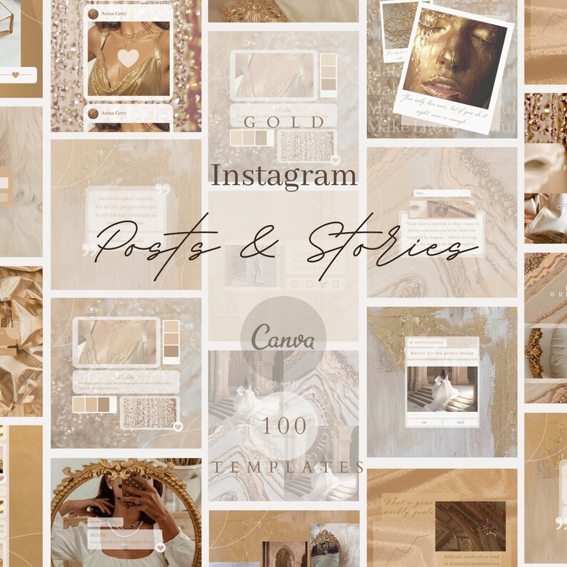 Op de afbeelding: Een collectie van 100 digitale social media sjablonen voor Instagram-posts en -stories met een goud- en beige kleurenpalet. De sjablonen bevatten diverse lay-outs met kaders, tekstvakken en abstracte texturen voor visuele content.