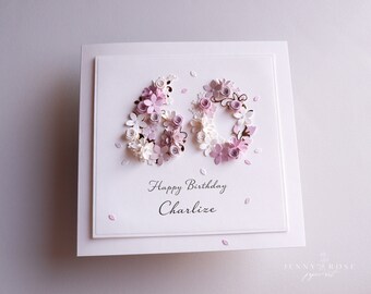 Carte d'anniversaire nombre personnalisé fait main rose pastel et nude N'IMPORTE QUEL NUMÉRO 18 21 30 40 50 60 70 80 90