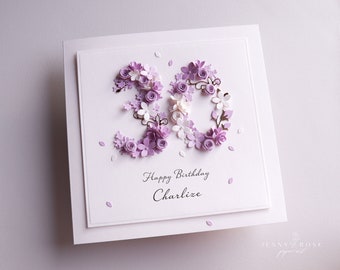 Carte d'anniversaire numéro lilas et lavande N'IMPORTE QUEL CHIFFRE Carte faite main personnalisée 20e 30e 40e 50e 60e 70e 80e 90e