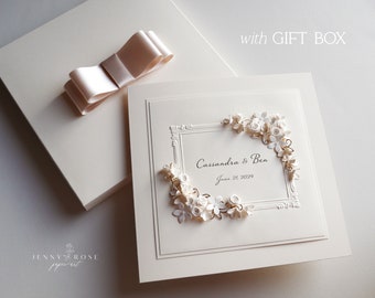Tarjeta de boda en caja personalizada hecha a mano de MARFIL de lujo, tarjeta de felicitación para la pareja feliz, tarjeta y caja de regalo