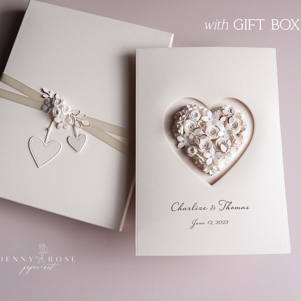 IVOIRE Carte de mariage personnalisée faite main, carte de félicitations pour l'heureux couple pour un jour spécial, carte et coffret cadeau