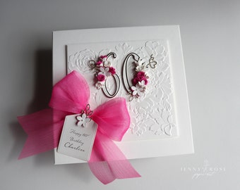 FUCHSIA PINK Carte d’anniversaire personnalisée faite à la main avec n’importe quel numéro, carte souvenir en boîte