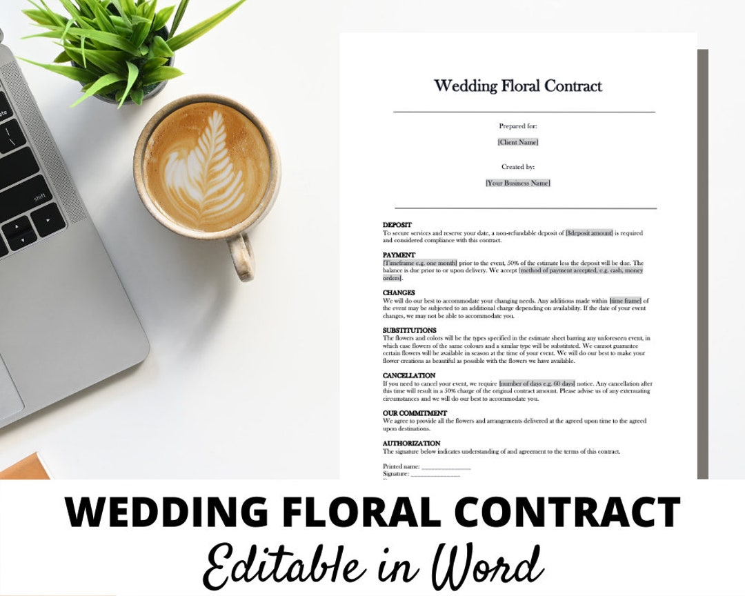 Wedding Floral Contract Template Floral Business Editable in MS Word Wedding Floral Contract Template Floral Business Editable in MS Word