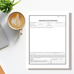 May include: A blank contractor proposal form with the title "CONTRACTOR PROPOSAL" at the top. The form includes sections for the contractor's information, project details, payment terms, and authorization.