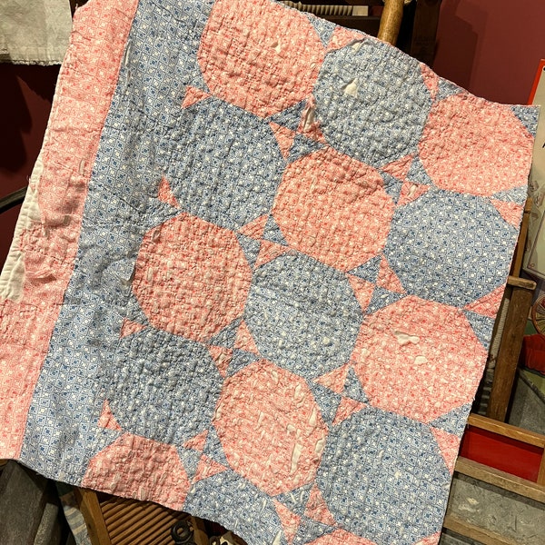 Vintage Blue & Pink Quilt Piece, Antique Quilt Piece, Hand Quilted, Cutter Quilt Piece, Repurposed, Primitive, Crafting, Journaling