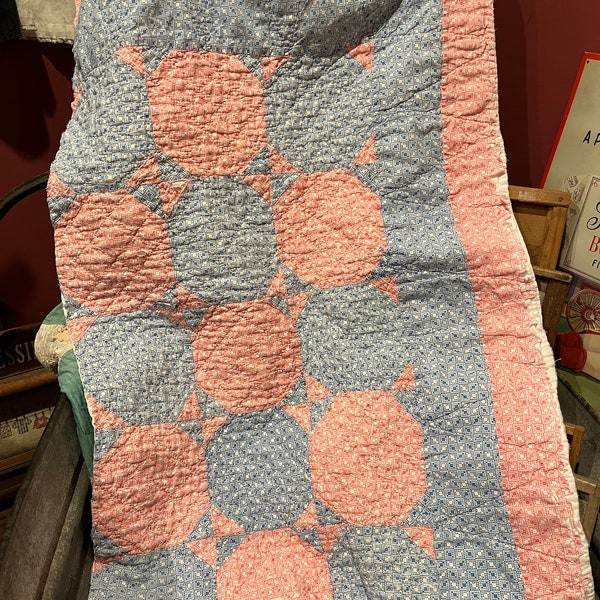 Vintage Pink & Blue Quilt Piece, Antique Quilt Piece, Hand Quilted, Cutter Quilt Piece, Repurposed, Primitive, Crafting, Journaling