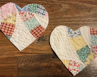 Hearts Cut From An Wedding Ring Quilt, 2 Large Vintage Cutter Die-Cut Heart, Quilt Appliqués, Repurposed, Primitive, Crafting, 6 1/4 x 6