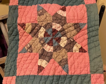 Vintage Pink & Green Star Quilt PIECE, Antique Quilt Piece, Cutter Quilt Piece, Repurposed, Primitive, Crafting