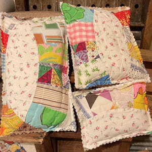 Set of 3 Handmade Decorative Pillows, Made From An Old Vintage Wedding Ring Quilt, Repurposed Quilt, Quilt Pillow, Accent Decorative