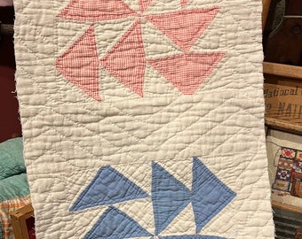 Vintage Red, White & Blue Quilt Piece, Antique Quilt Piece, Hand Quilted, Cutter Quilt Piece, Repurposed, Primitive, Crafting, Journaling