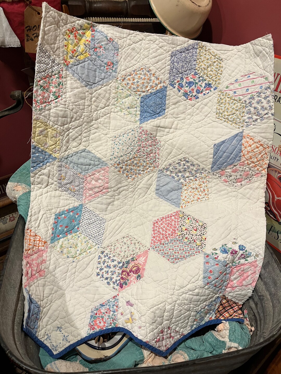 Vintage Pastel Quilt Piece Antique Quilt Piece Hand Quilted Etsy