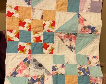Vintage Quilt PIECE, Colorful Quilt Piece, Cutter Quilt Piece, Repurposed, Primitive, Crafting, Journaling, Hand Quilted