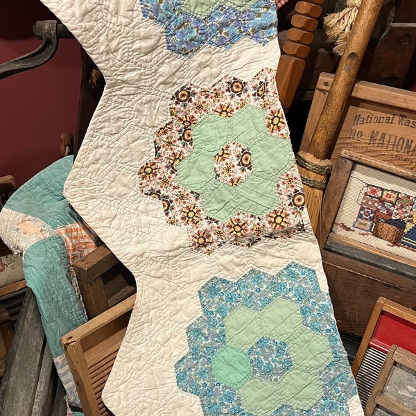 Vintage Grandmothers Flower Garden Quilt Piece, Antique Quilt Piece, Hand Quilted, Cutter Quilt Piece, Repurposed, Primitive, Crafting