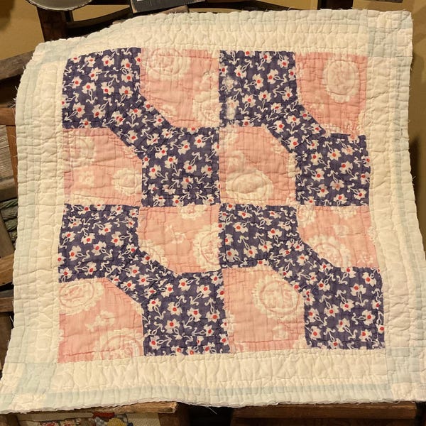 Vintage Bow Tie Quilt PIECE, Antique Quilt Piece, Cutter Quilt Piece, Repurposed, Primitive, Crafting, Colorful, Pink & Blue