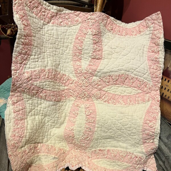 Vintage Pink & White Pickle Dish Quilt Piece, Antique Quilt Piece, Hand Quilted, Cutter Quilt Piece, Repurposed, Primitive, Crafting