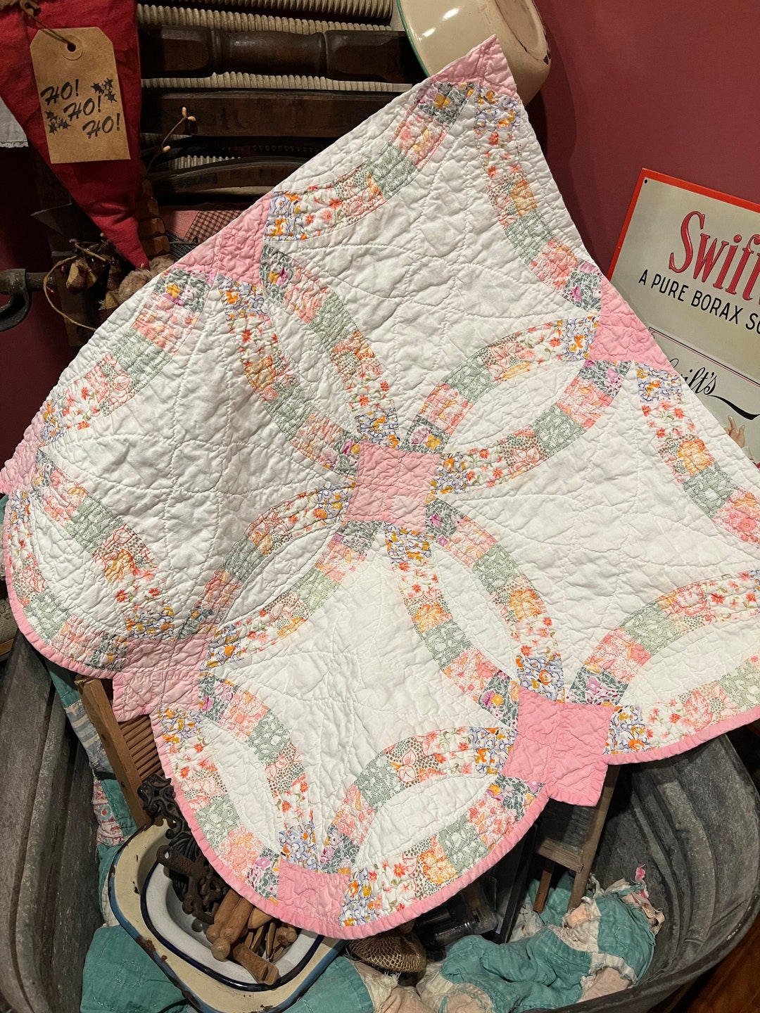 Vintage Wedding Ring Quilt Piece Antique Quilt Piece Hand Etsy