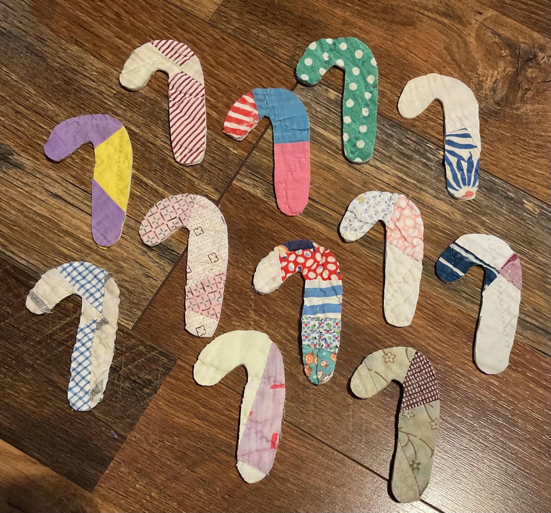 12 Candy Canes Cut From Old Quilts, Vintage Cutter Quilt Candy Cane ...