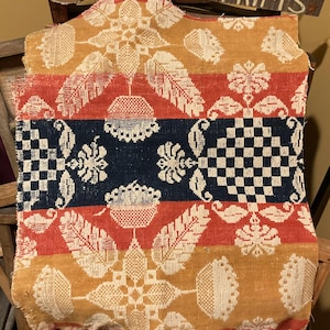 May include: A rectangular woven textile featuring a repeating pattern of cream-colored floral and checkered motifs against horizontal bands of mustard yellow, burnt orange, and a central dark navy blue stripe with frayed edges.