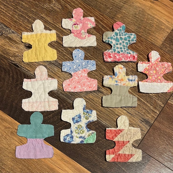 Set of 10 Puzzle Pieces From Old Quilts, Antique Quilt Puzzle Piece, Vintage Quilt Puzzle Pieces, Cutter Quilt Die-Cuts, Appliqués,