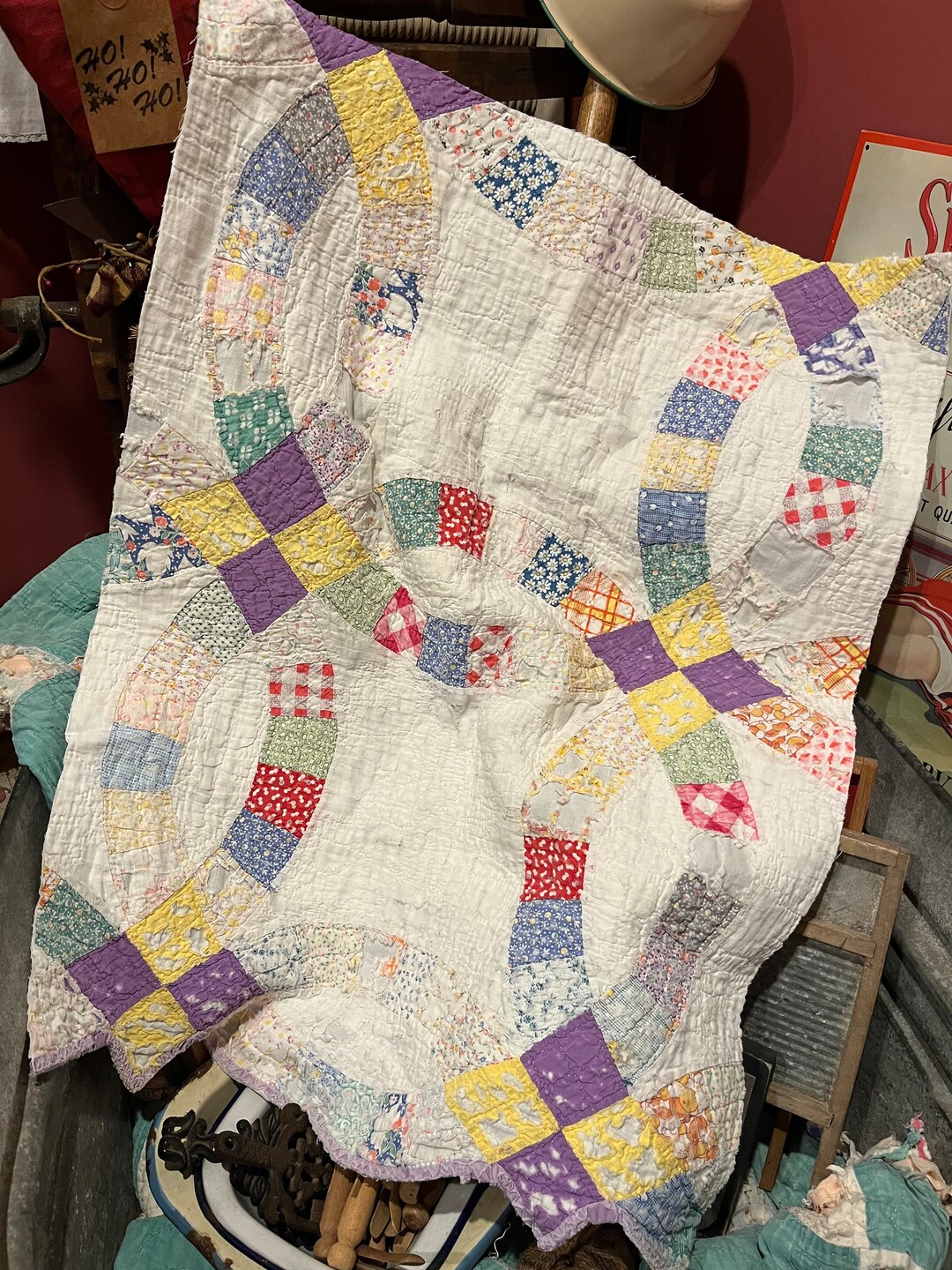 Vintage Wedding Ring Quilt Piece, Antique Quilt Piece, Hand Quilted