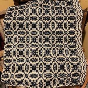 May include: A woven textile runner featuring a repeating geometric pattern in dark navy blue and off-white. The central design consists of interconnected oval and rectangular shapes, while the right edge displays a distinct vertical zigzag border.